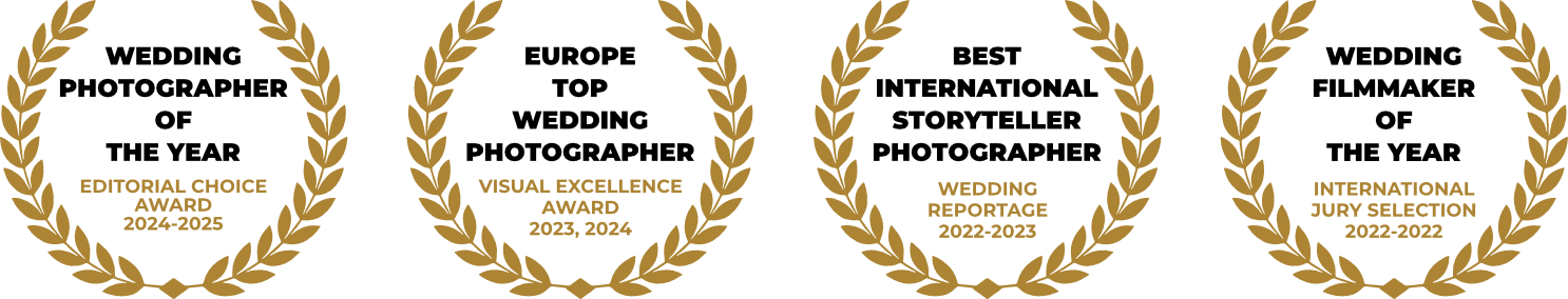 Riconoscimenti di lusso tra cui Editorial Choice Award, Visual Excellence Award e Wedding Reportage ricevuti da Image Studio per la fotografia cinematografica e lo storytelling visivo.