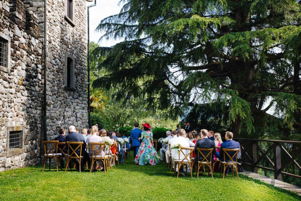Outdoor wedding ceremony at Castello di Rossino overlooking Lake Como, Italy