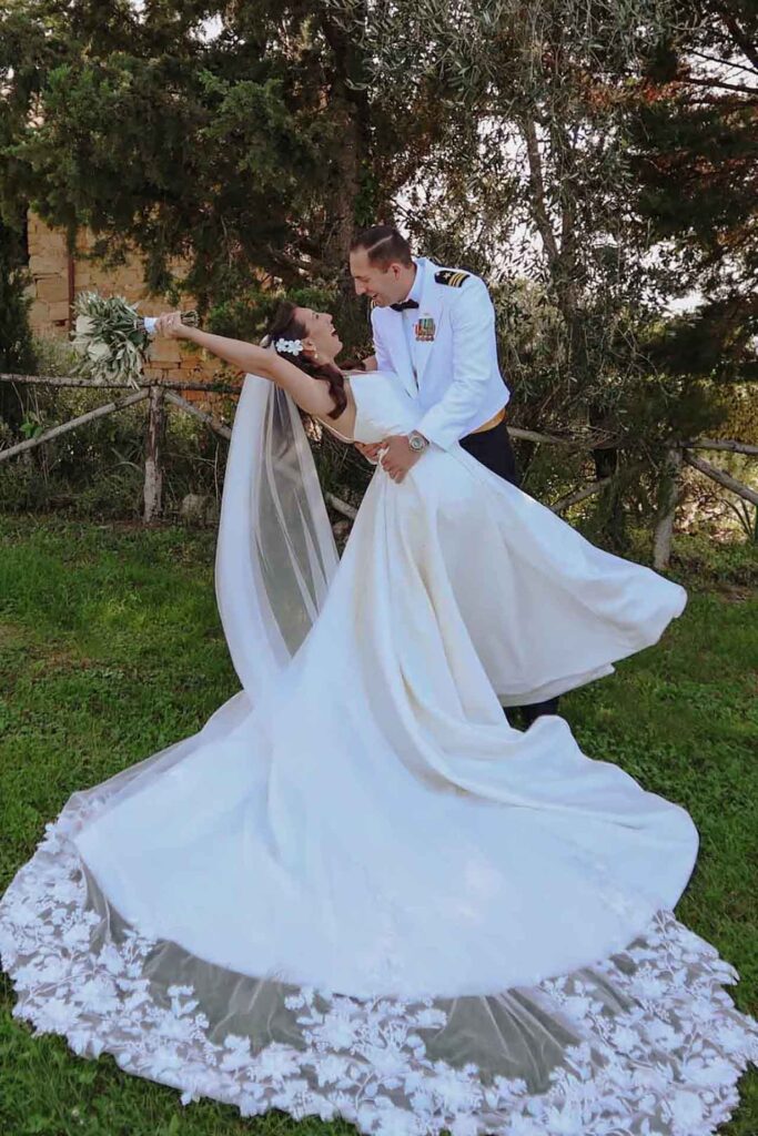 Bride and groom portrait at Castello di Ristonchi in Tuscany during a romantic luxury castle wedding in Italy.