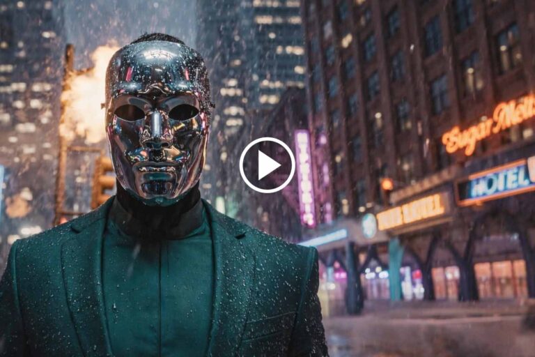 Heartsteel Dawn and Dusk movie trailer scene showing a masked character standing in a rainy city at night