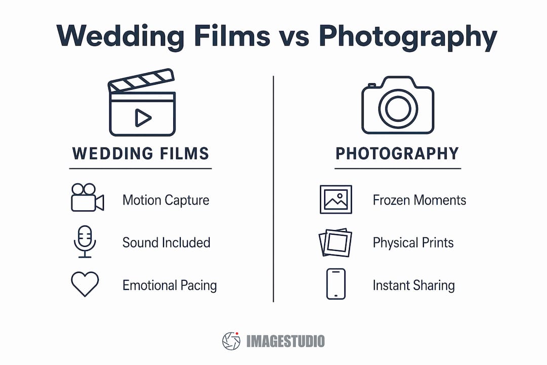 Infographic comparing wedding films vs photography for destination weddings and luxury celebrations