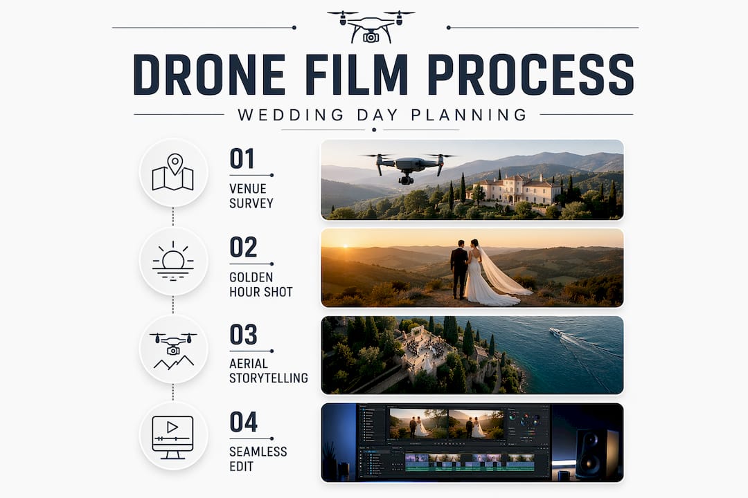 Processo di produzione con drone per wedding videography di lusso in Italia, dalla valutazione della location alle riprese aeree durante la golden hour, fino allo storytelling cinematografico e al montaggio finale del wedding film.