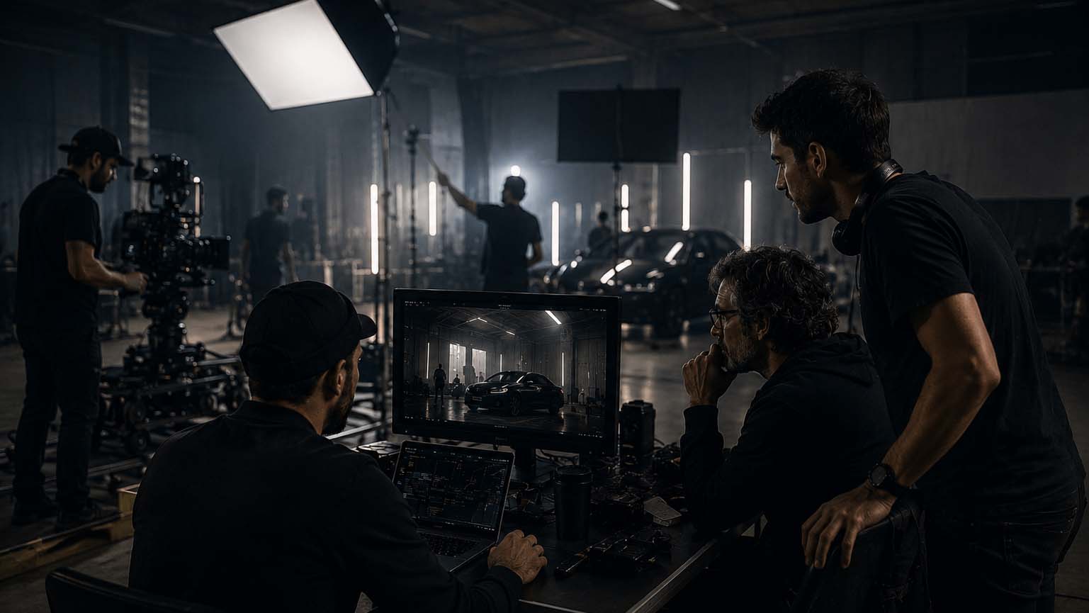 Cinematic film production team working on a high-end commercial video production in a professional studio environment in Italy.
