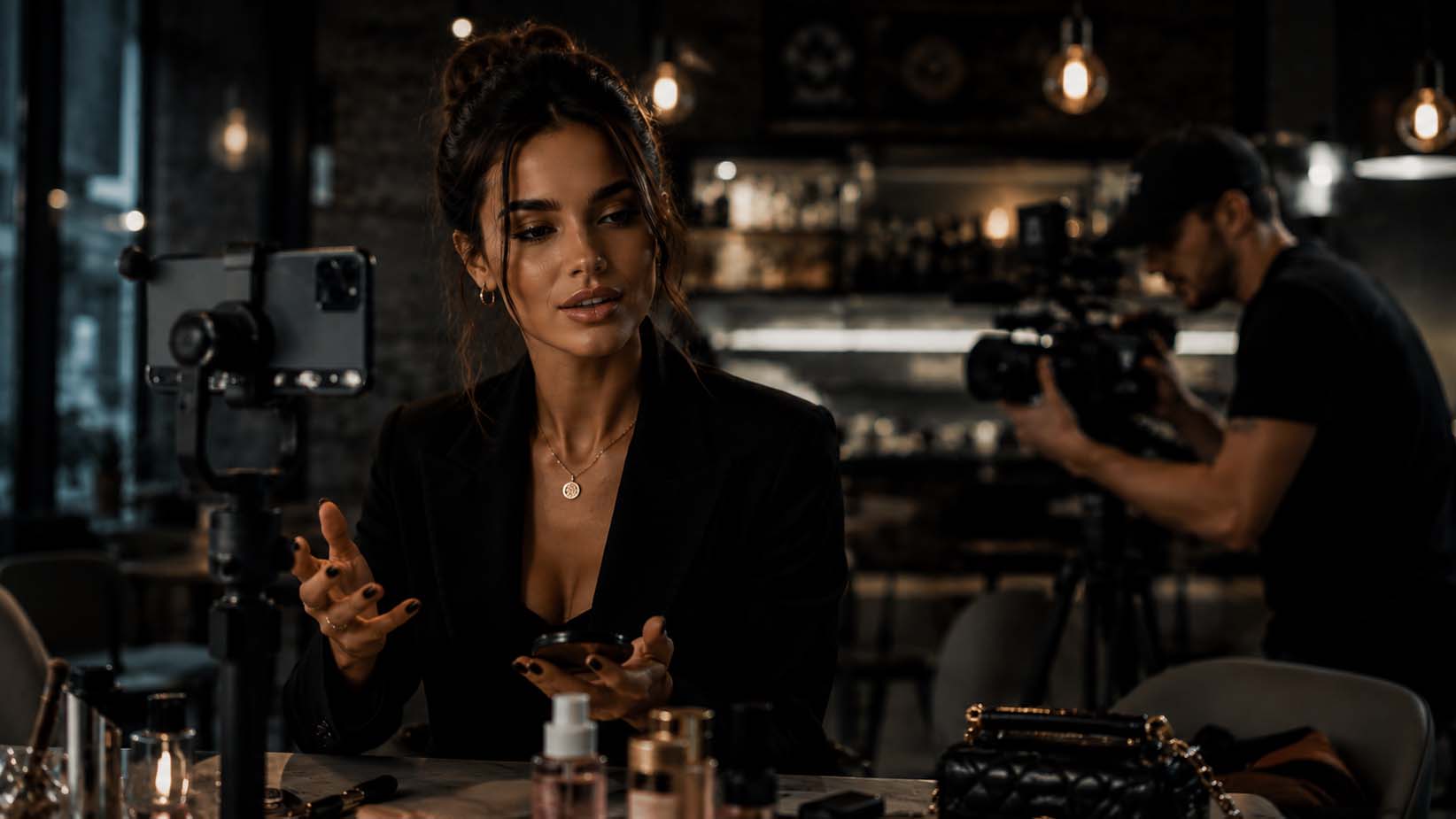 Luxury social media content creator filming cinematic beauty and lifestyle content in a premium modern studio environment with professional video production setup.