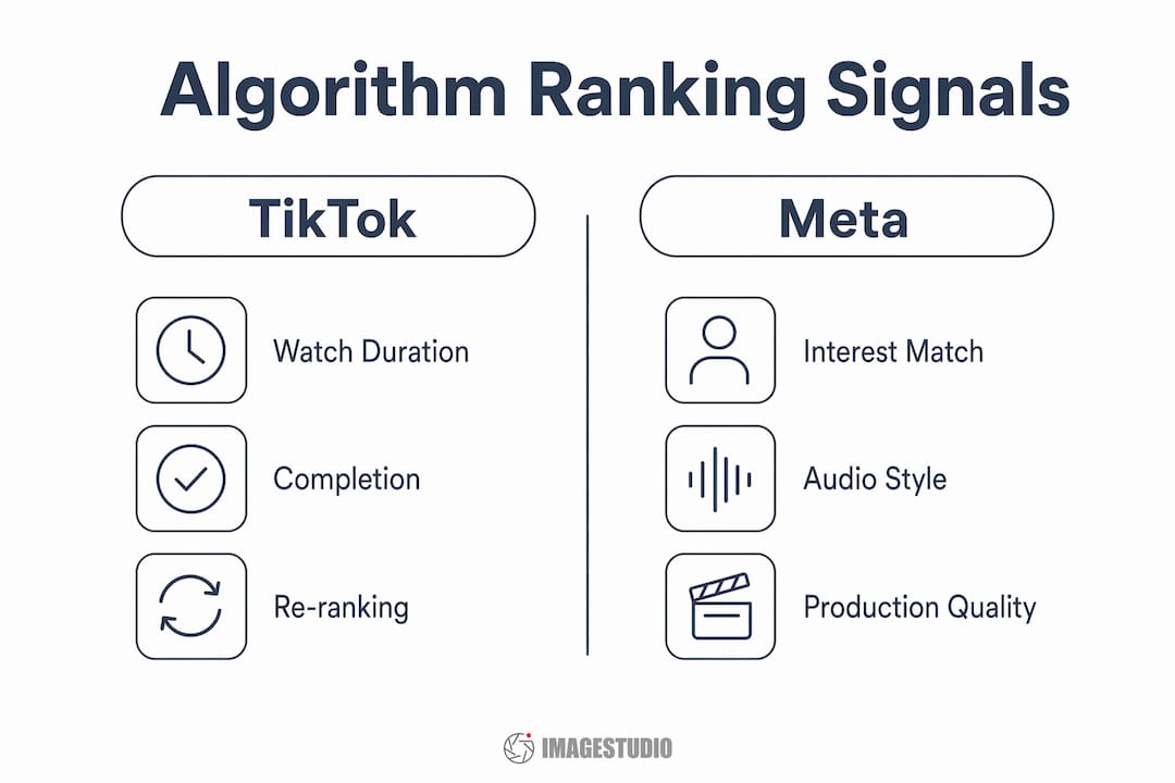 Infographic comparing TikTok and Meta algorithm ranking signals for video content