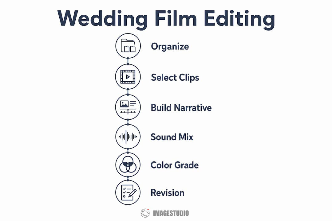 Wedding film editing process infographic showing organization, clip selection, storytelling, sound mixing, color grading and revision stages
