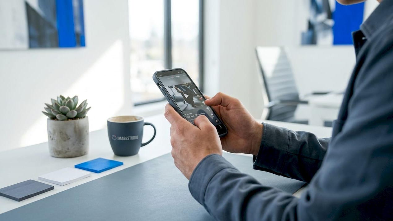 Professional viewing short form video content on a smartphone in a modern office environment. ImageStudio editorial image about social media algorithms and video engagement