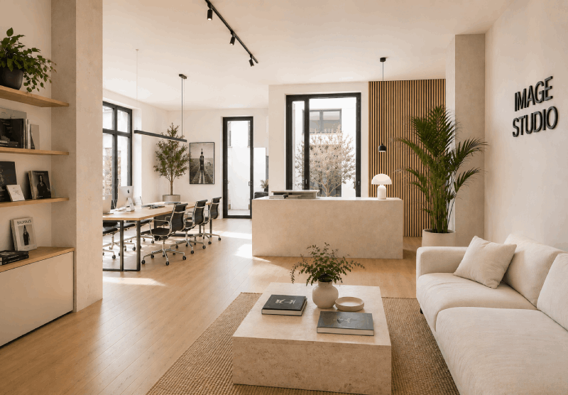Modern Image Studio reception area with minimalist interior, lounge seating, collaborative workspace, natural light, and Image Studio wall logo