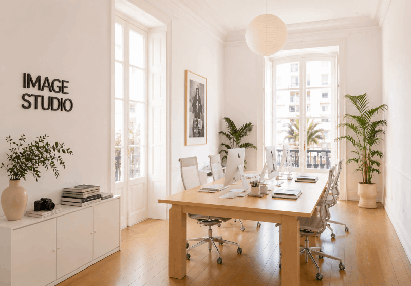 Bright modern Image Studio office with minimalist interior, natural light, wooden flooring, collaborative workspace, and Image Studio wall logo