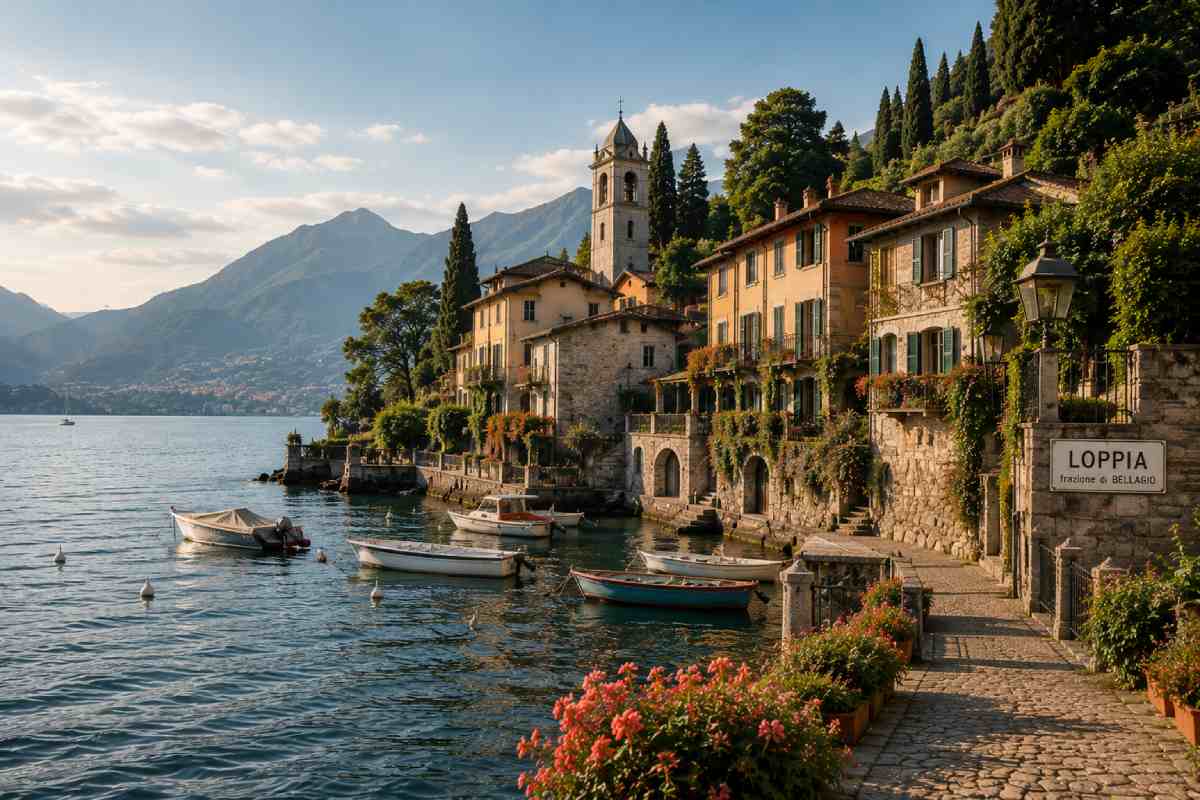 Loppia in Bellagio with traditional boats and historic waterfront on Lake Como