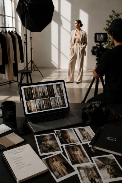 Professional social media content production with model, photographer and creative team during a studio campaign shoot