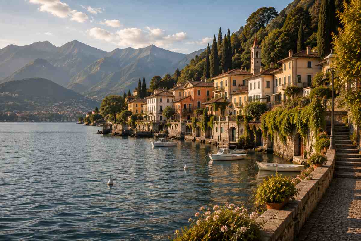 San Giovanni in Bellagio with lakeside houses and boats on Lake Como