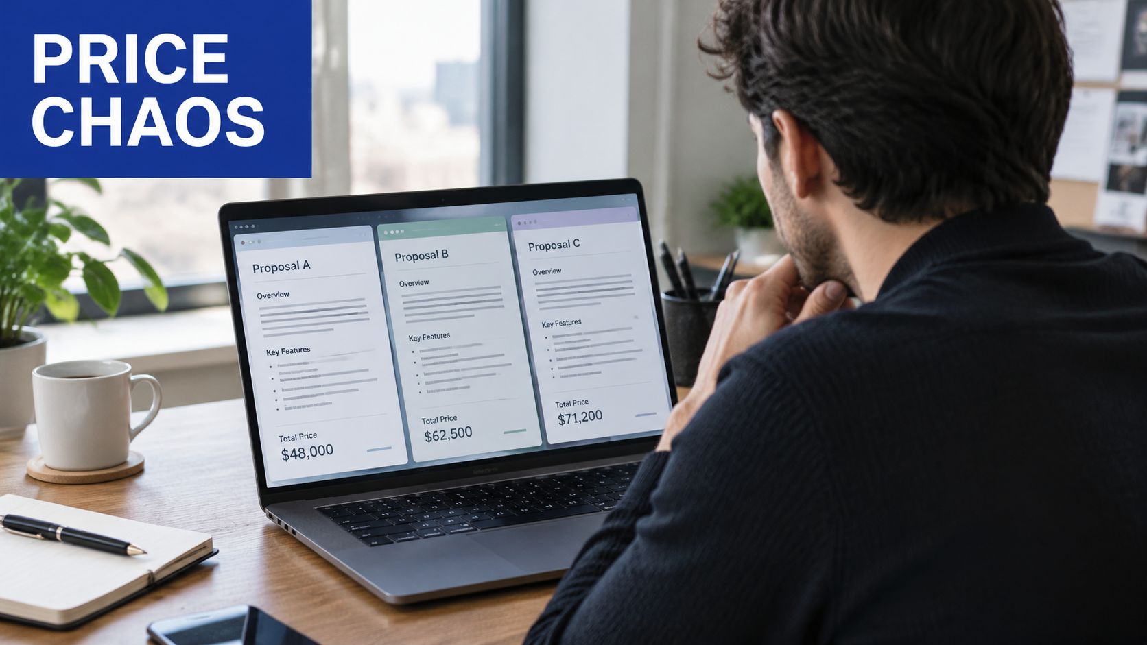 A professional analyzing different business proposal pricing options on a laptop screen in a modern office.