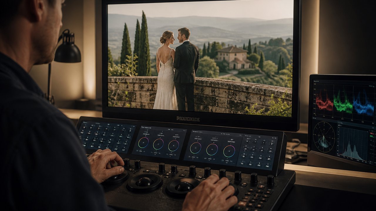 Color grading monitor showing couple composited against landscape backdrop