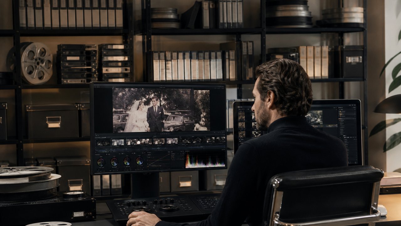 Editor at workstation restoring old VHS wedding footage with color correction